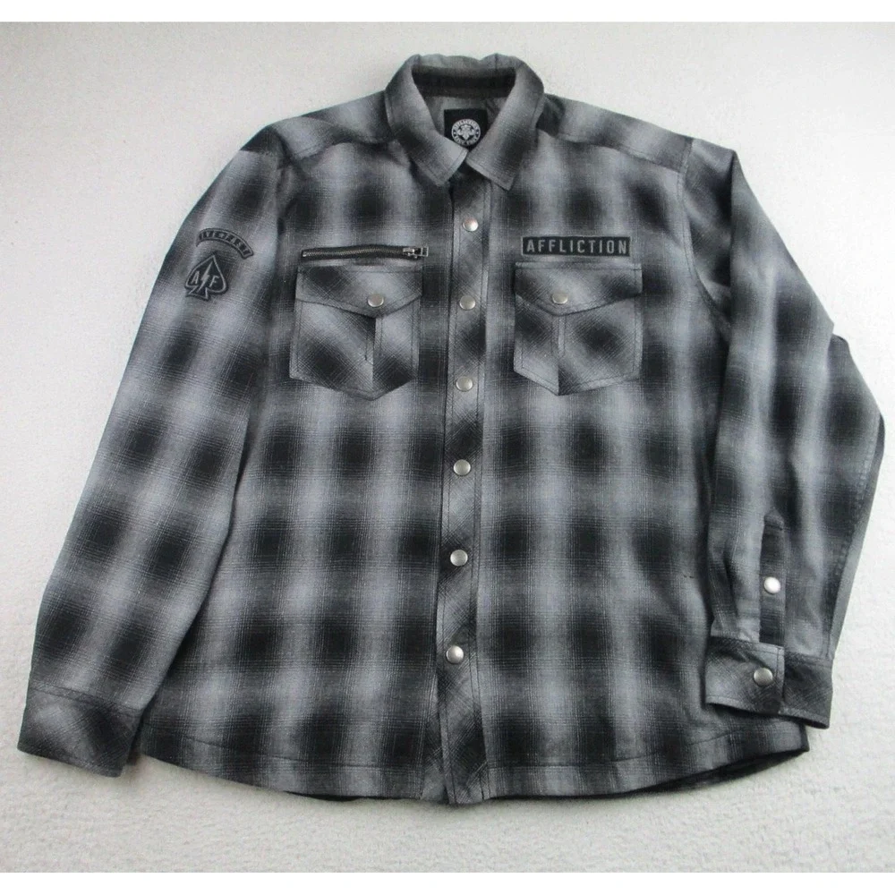 Affliction Jacket Mens XL Shacket Black Plaid Flannel‎ Snap Live Fast 110WW574